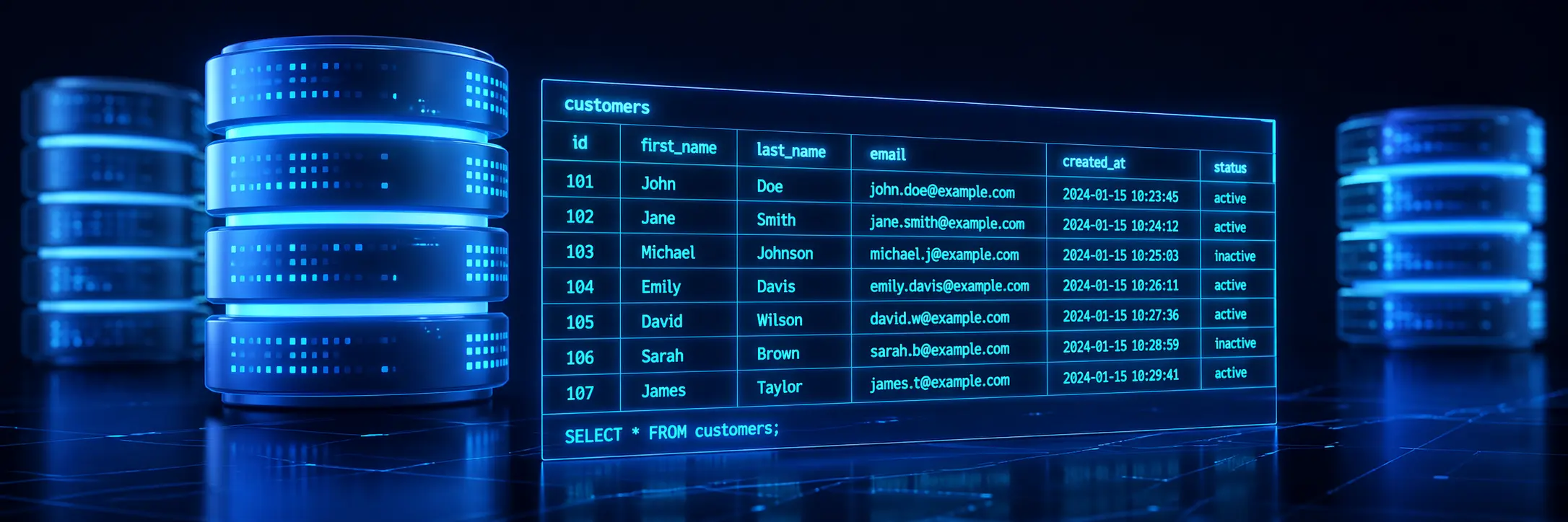 Database tables and SQL query examples for database tutorials