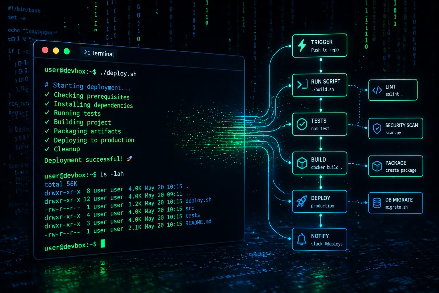Bash terminal and PowerShell scripting examples on black background