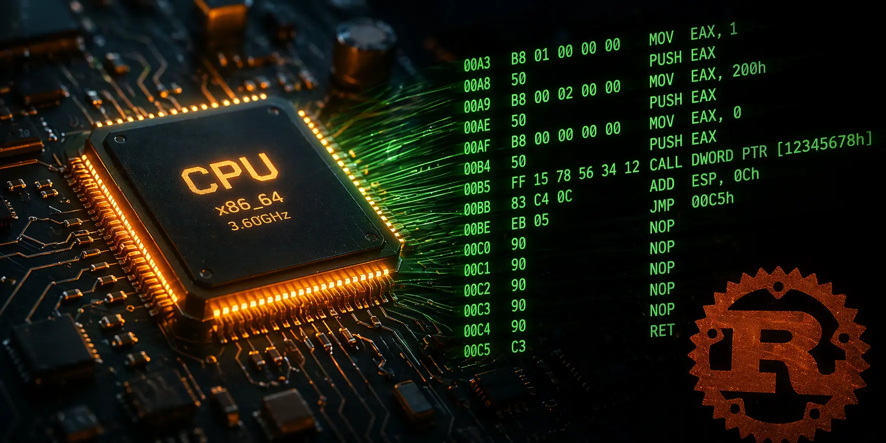 Circuit board and C++ / Rust code representing systems programming
