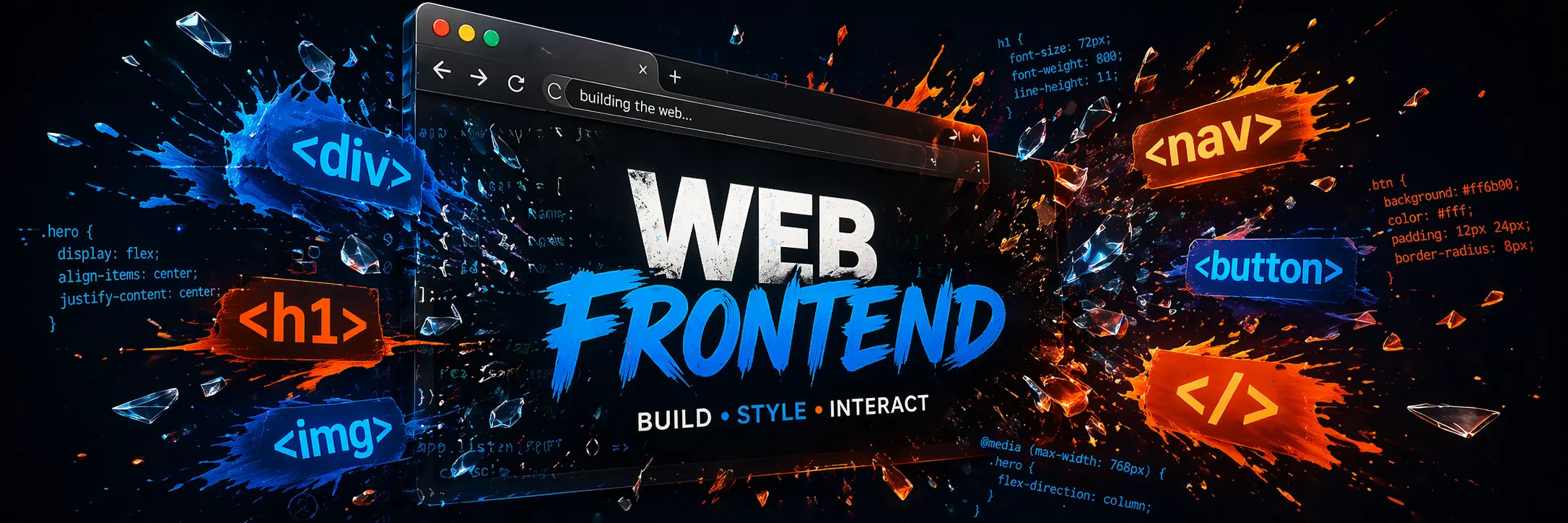 HTML, CSS, JavaScript and React code on a monitor — web front-end tutorials