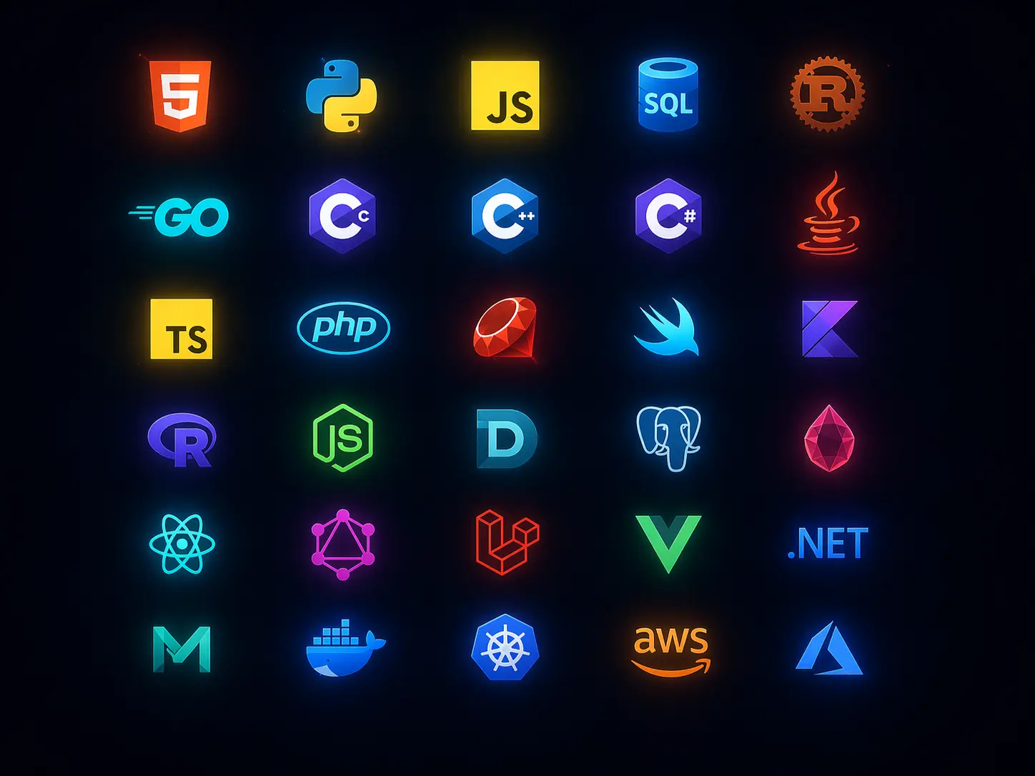 Grid of 30 programming language logos available on CodeLearn Pro